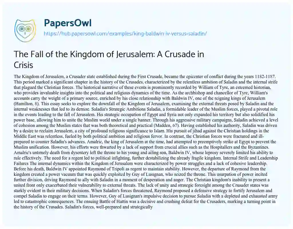 Essay on The Fall of the Kingdom of Jerusalem: A Crusade in Crisis
