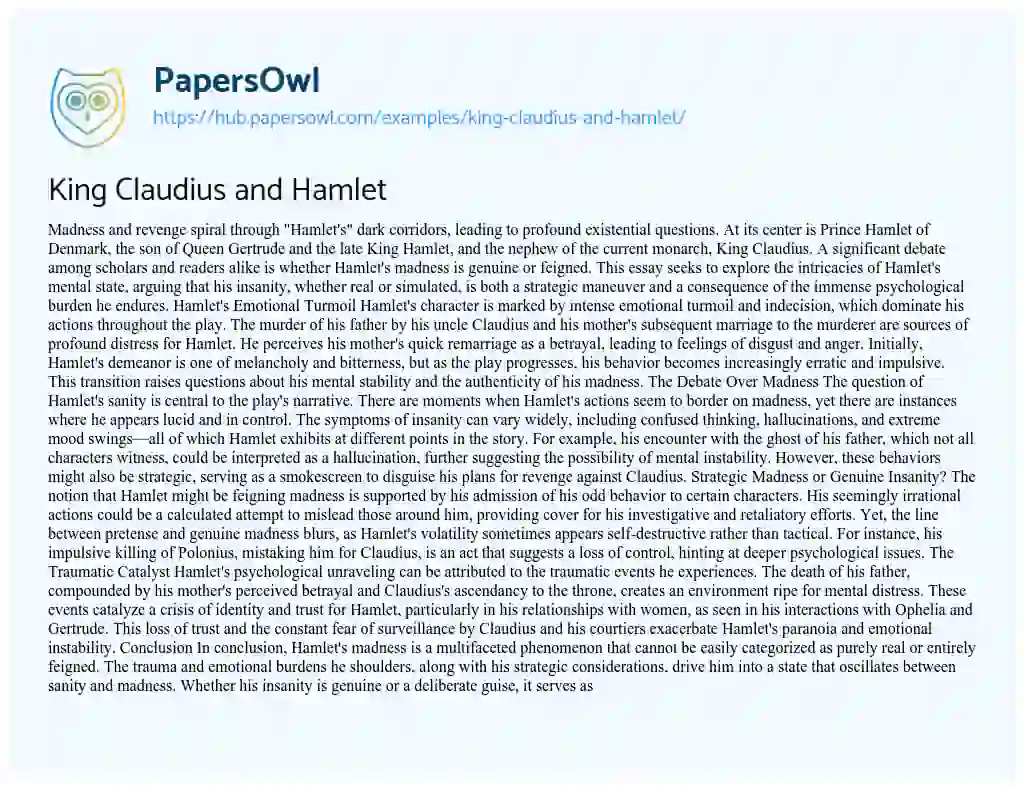 Essay on King Claudius and Hamlet