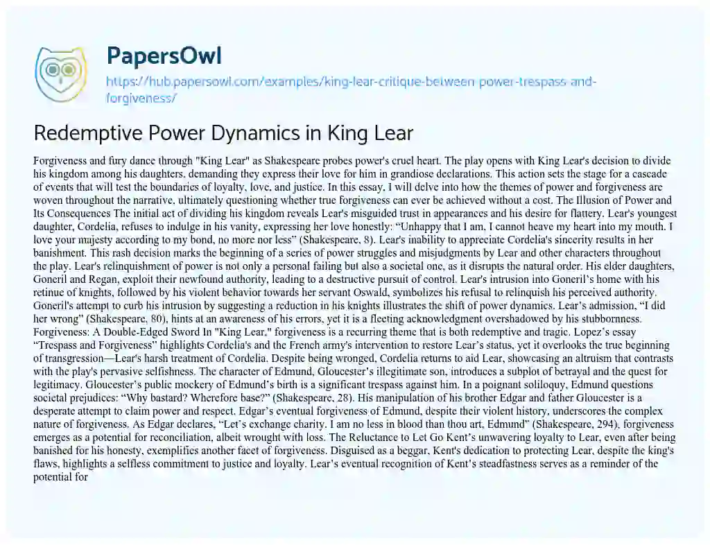 Essay on Redemptive Power Dynamics in King Lear