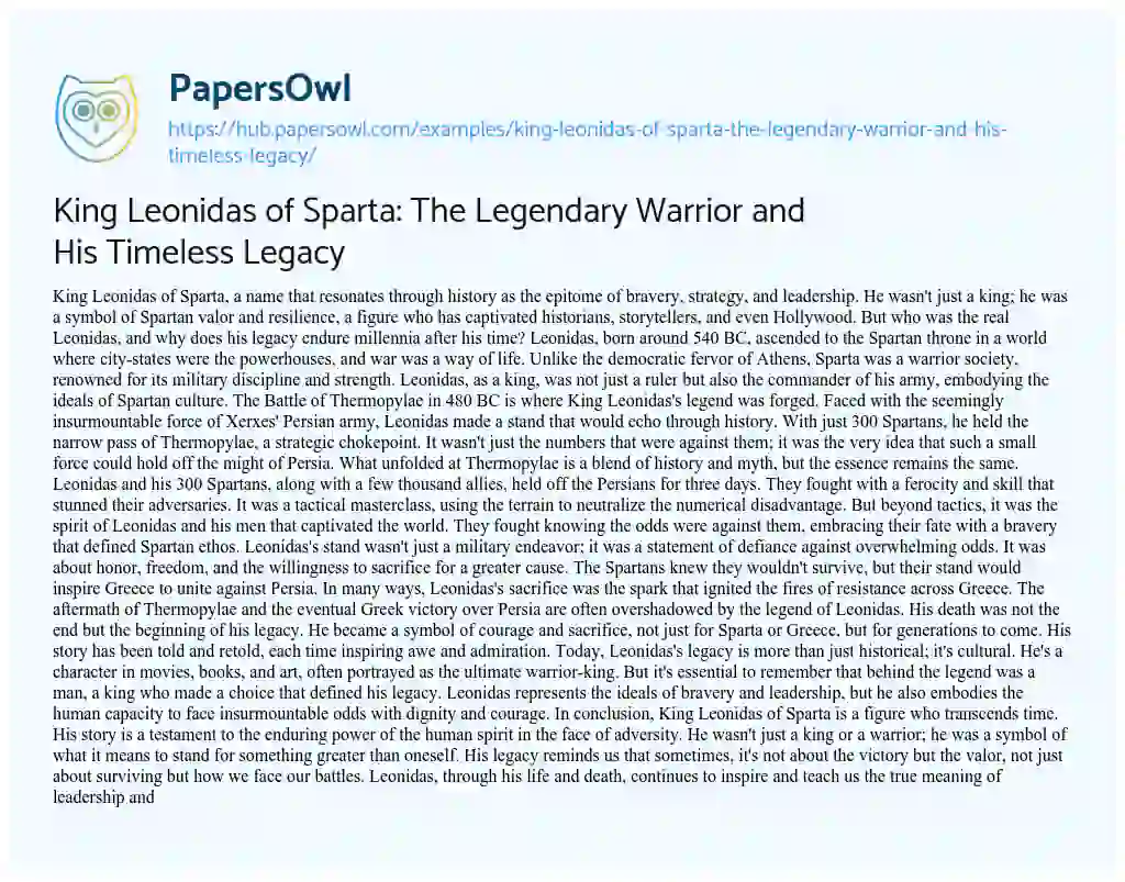 Essay on King Leonidas of Sparta: The Legendary Warrior and His Timeless Legacy