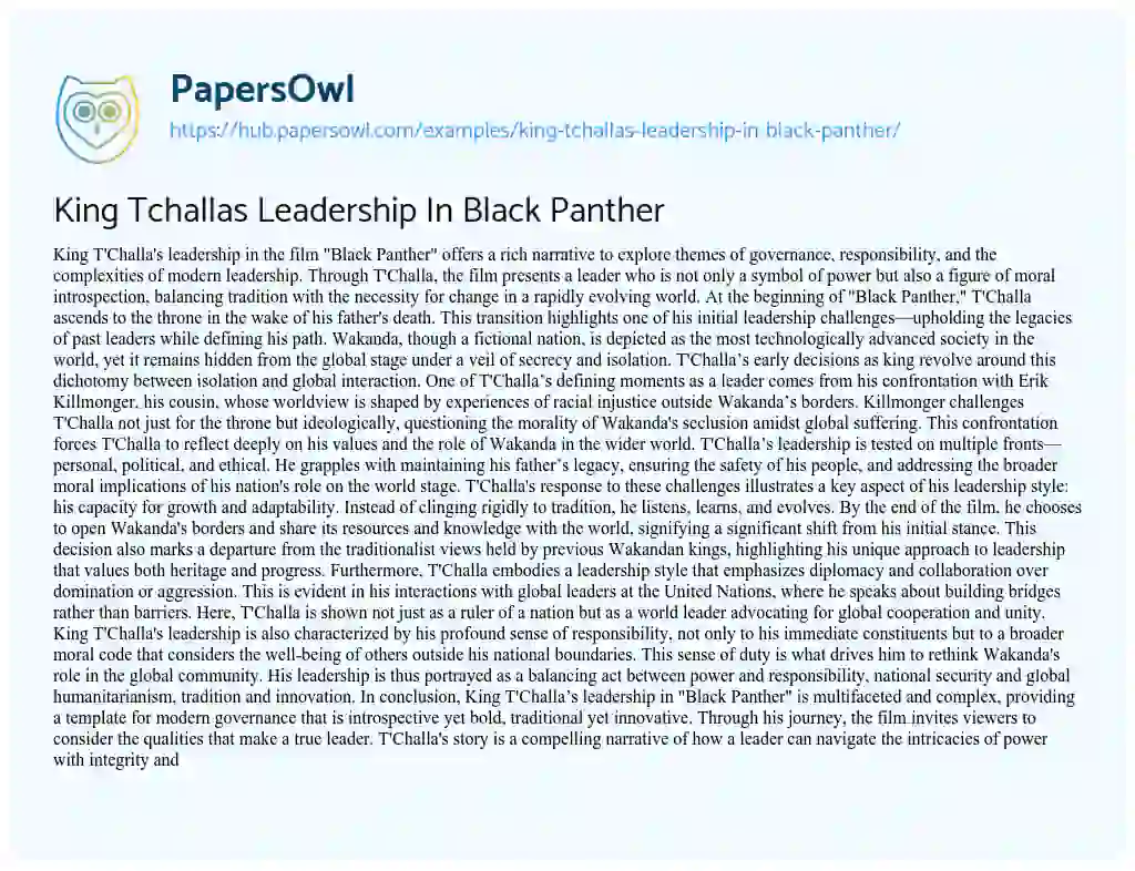 Essay on King Tchallas Leadership In Black Panther