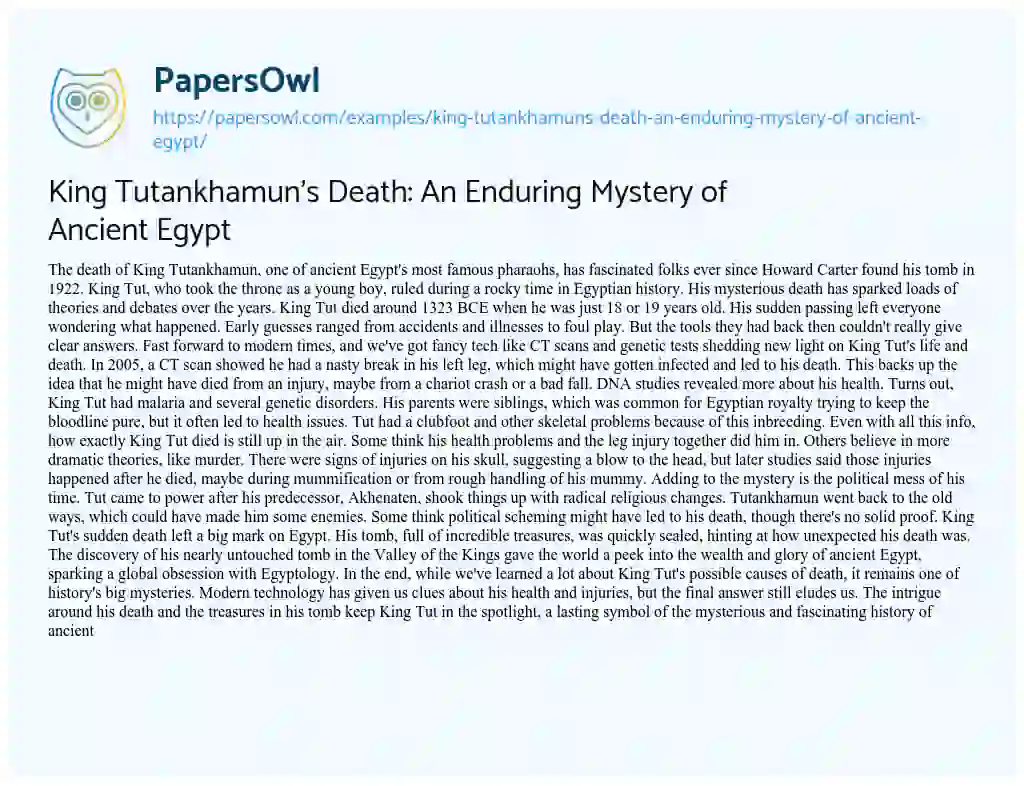 Essay on King Tutankhamun’s Death: An Enduring Mystery of Ancient Egypt