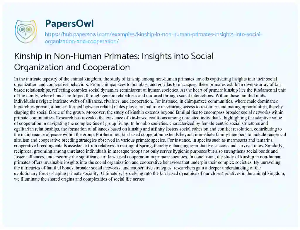 Essay on Kinship in Non-Human Primates: Insights into Social Organization and Cooperation