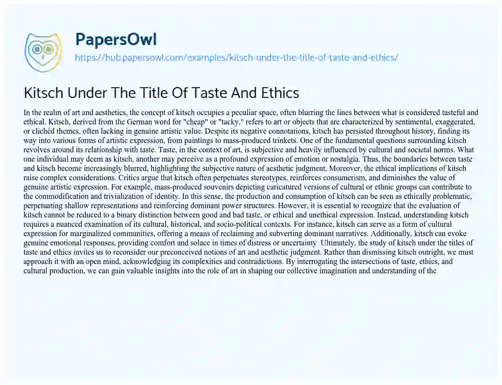 Essay on Kitsch Under The Title Of Taste And Ethics