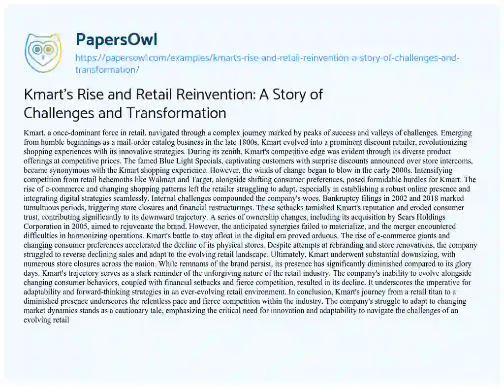 Essay on Kmart’s Rise and Retail Reinvention: A Story of Challenges and Transformation