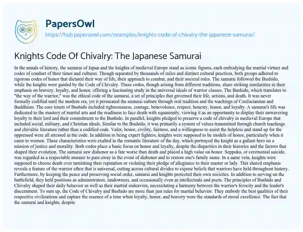 Essay on Knights Code Of Chivalry: The Japanese Samurai