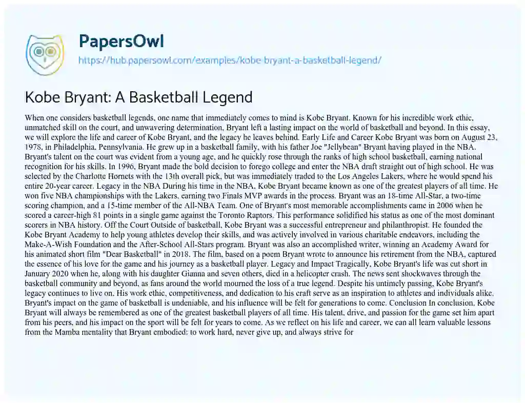 Essay on Kobe Bryant: A Basketball Legend