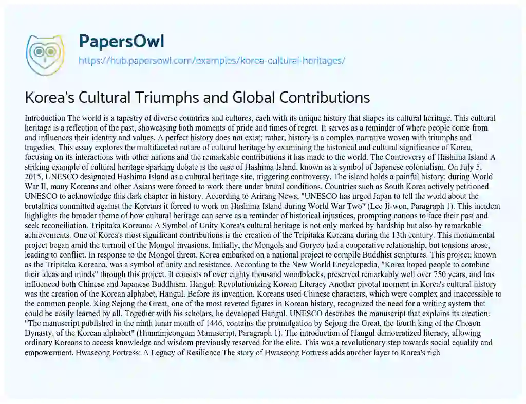 Essay on Korea’s Cultural Triumphs and Global Contributions