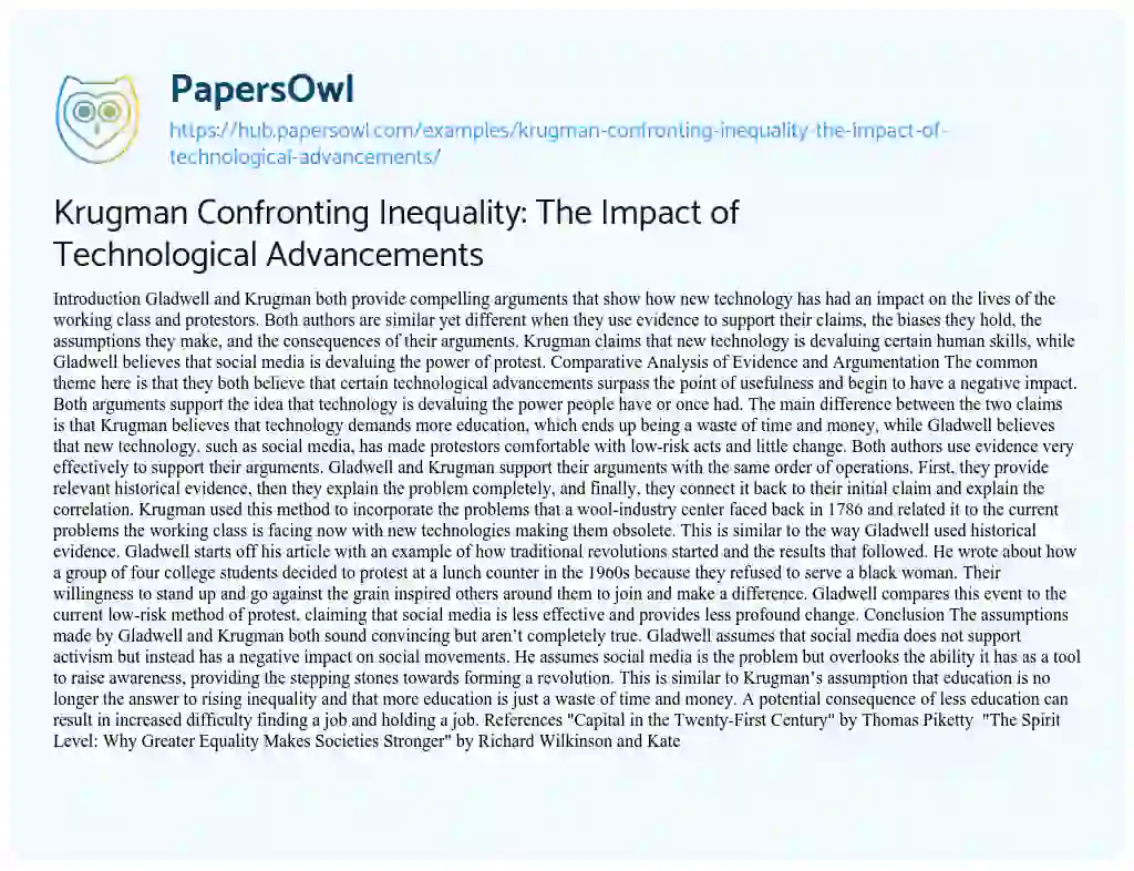 Essay on Krugman Confronting Inequality: The Impact of Technological Advancements