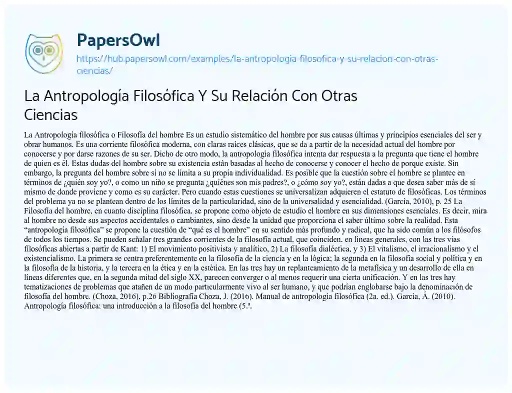Essay on La Antropología Filosófica Y Su Relación Con Otras Ciencias