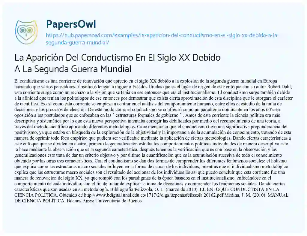 Essay on La Aparición Del Conductismo En El Siglo XX Debido A La Segunda Guerra Mundial
