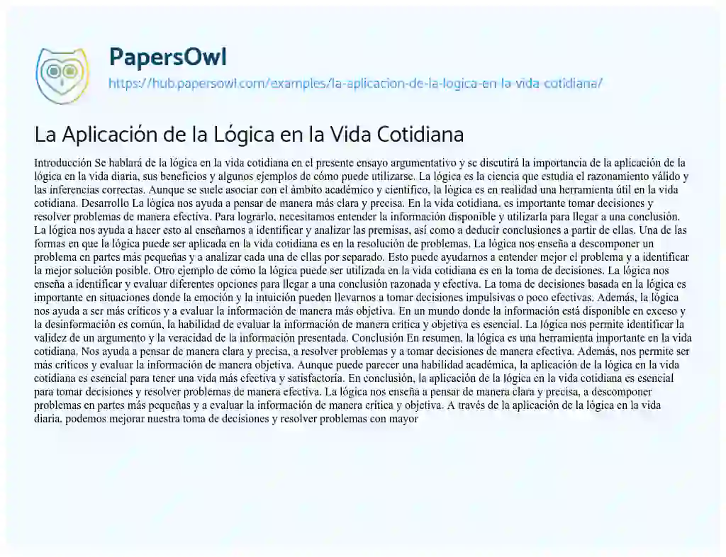 Essay on La Aplicación de la Lógica en la Vida Cotidiana
