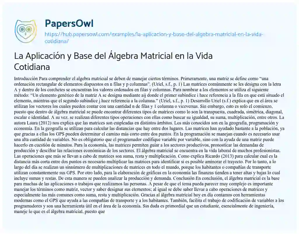 Essay on La Aplicación y Base del Álgebra Matricial en la Vida Cotidiana