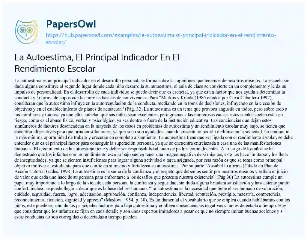 Essay on La Autoestima, El Principal Indicador En El Rendimiento Escolar