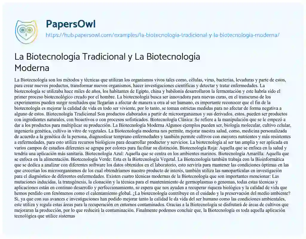 Essay on La Biotecnología Tradicional y La Biotecnología Moderna