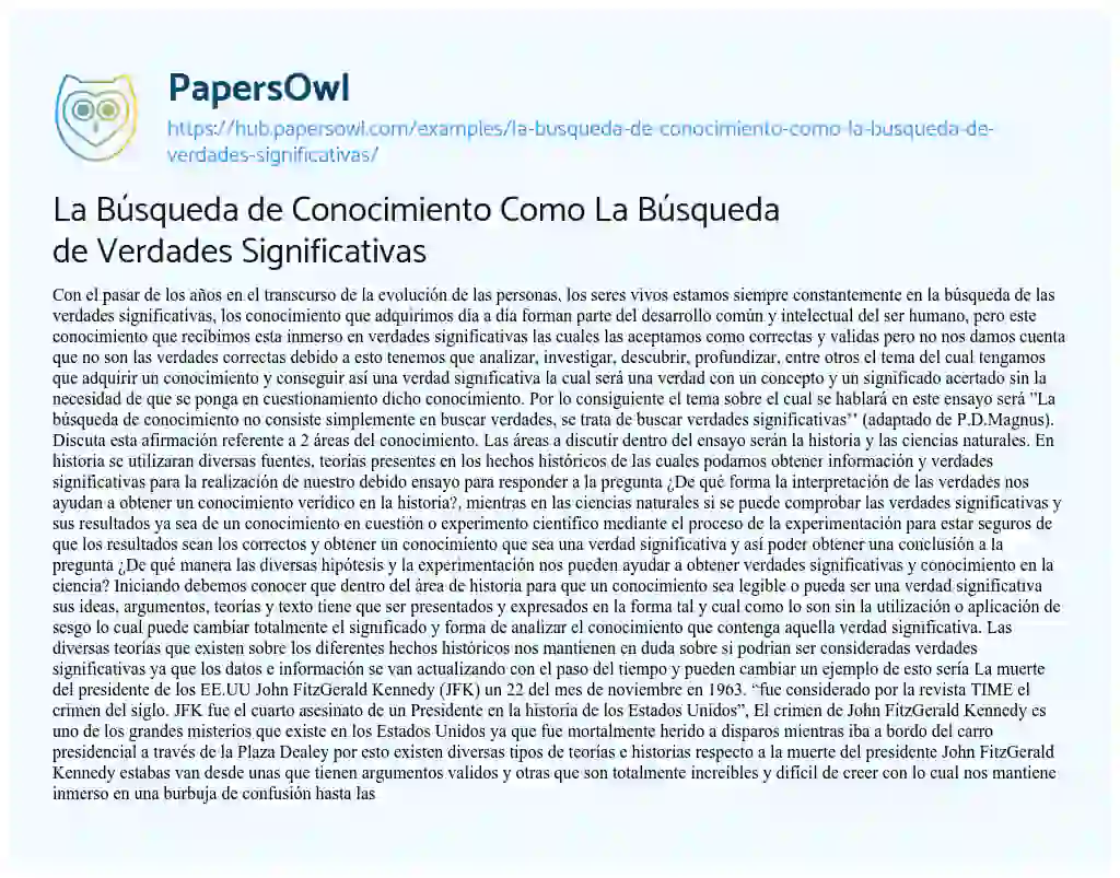 Essay on La Búsqueda de Conocimiento Como La Búsqueda de Verdades Significativas