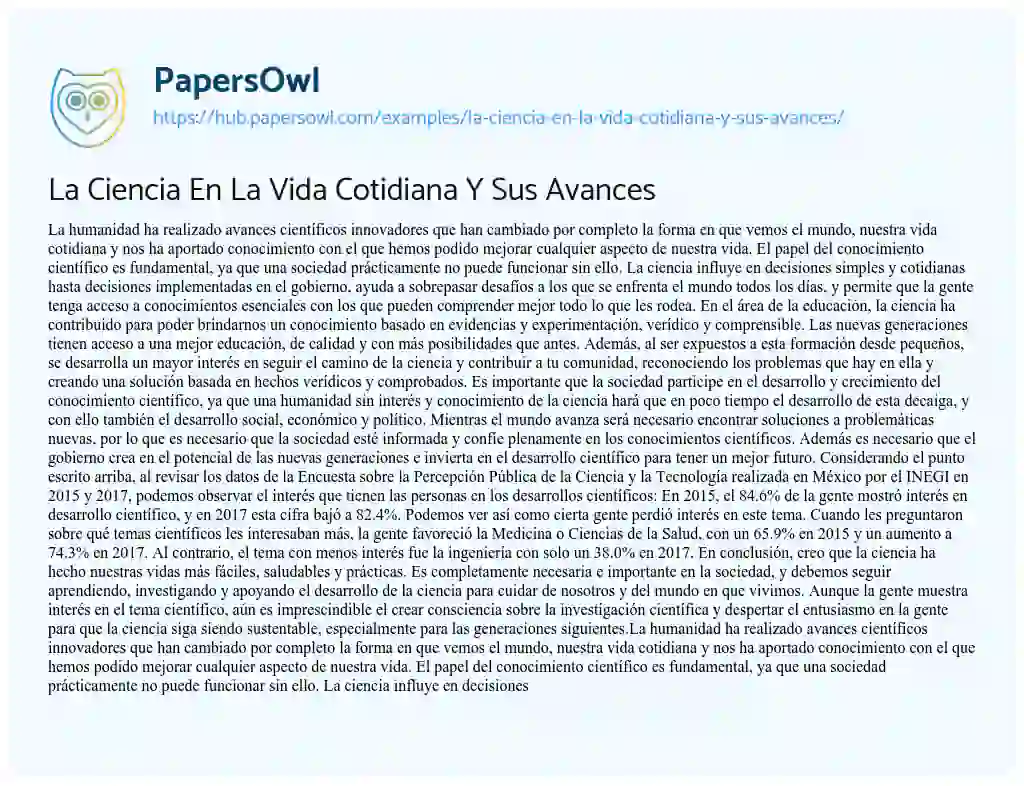 Essay on La Ciencia En La Vida Cotidiana Y Sus Avances