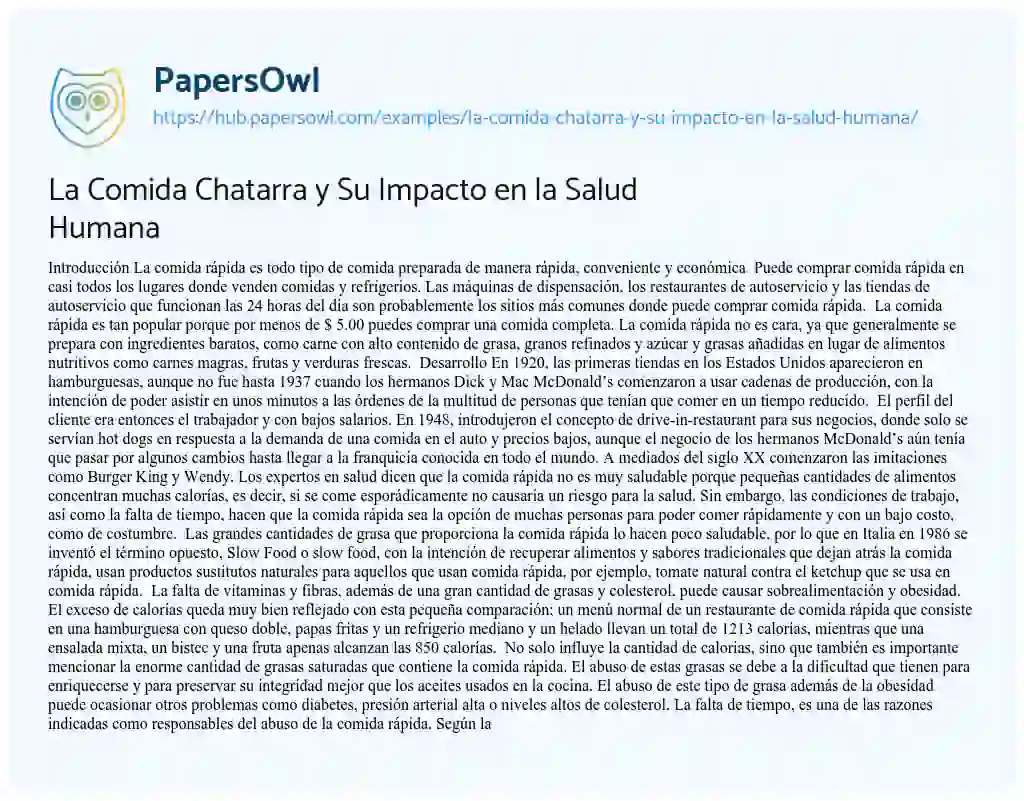Essay on La Comida Chatarra y Su Impacto en la Salud Humana