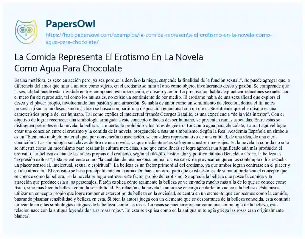 Essay on La Comida Representa El Erotismo En La Novela Como Agua Para Chocolate