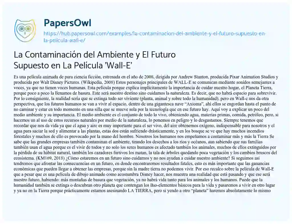 Essay on La Contaminación del Ambiente y El Futuro Supuesto en La Película ‘Wall-E’