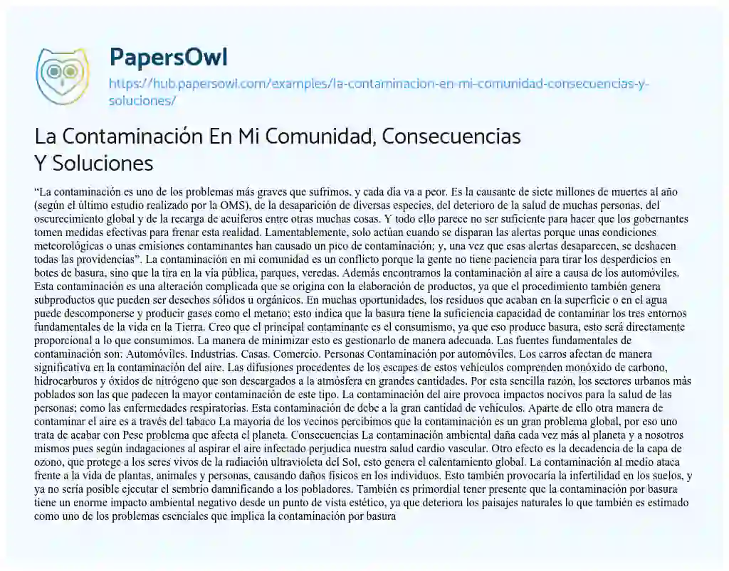 Essay on La Contaminación En Mi Comunidad, Consecuencias Y Soluciones