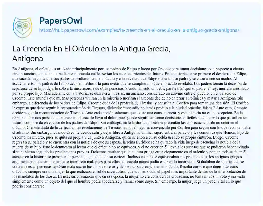Essay on La Creencia En El Oráculo en la Antigua Grecia, Antígona