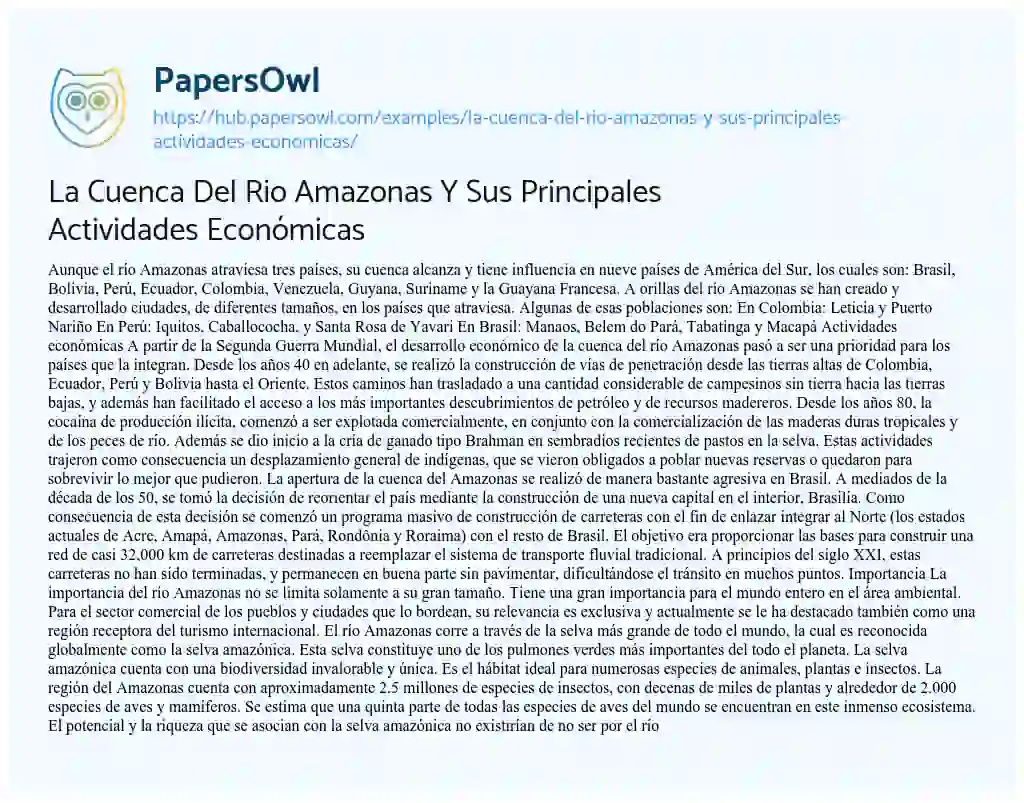 Essay on La Cuenca Del Rio Amazonas Y Sus Principales Actividades Económicas