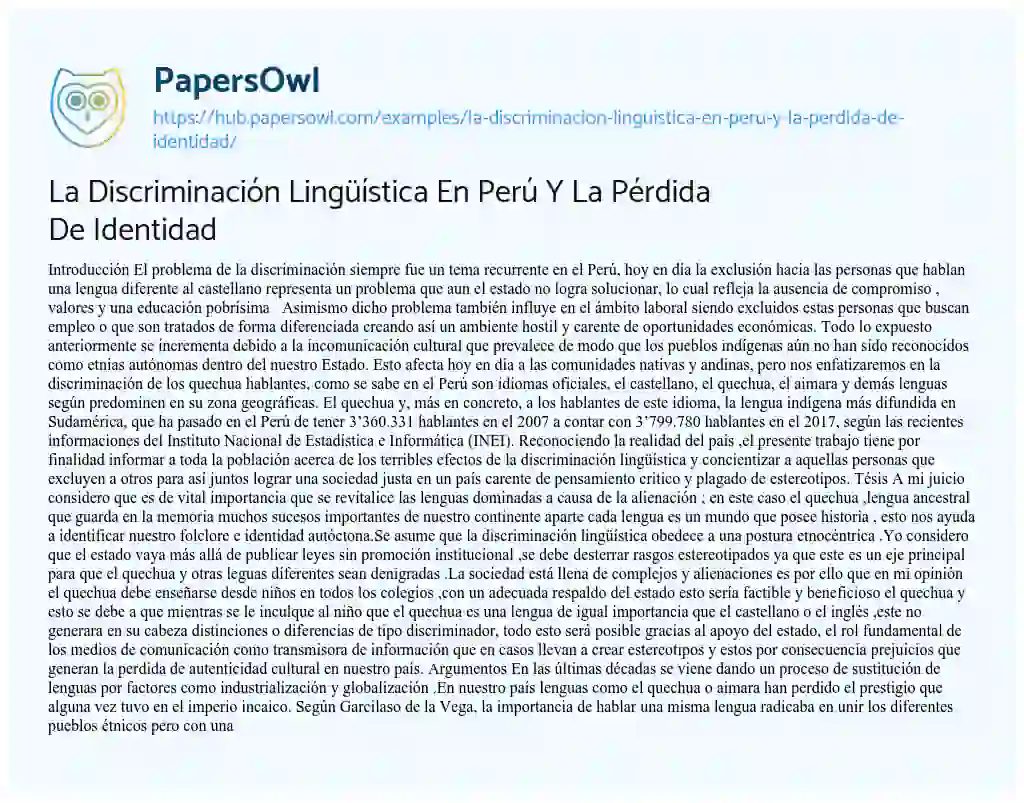 Essay on La Discriminación Lingüística En Perú Y La Pérdida De Identidad