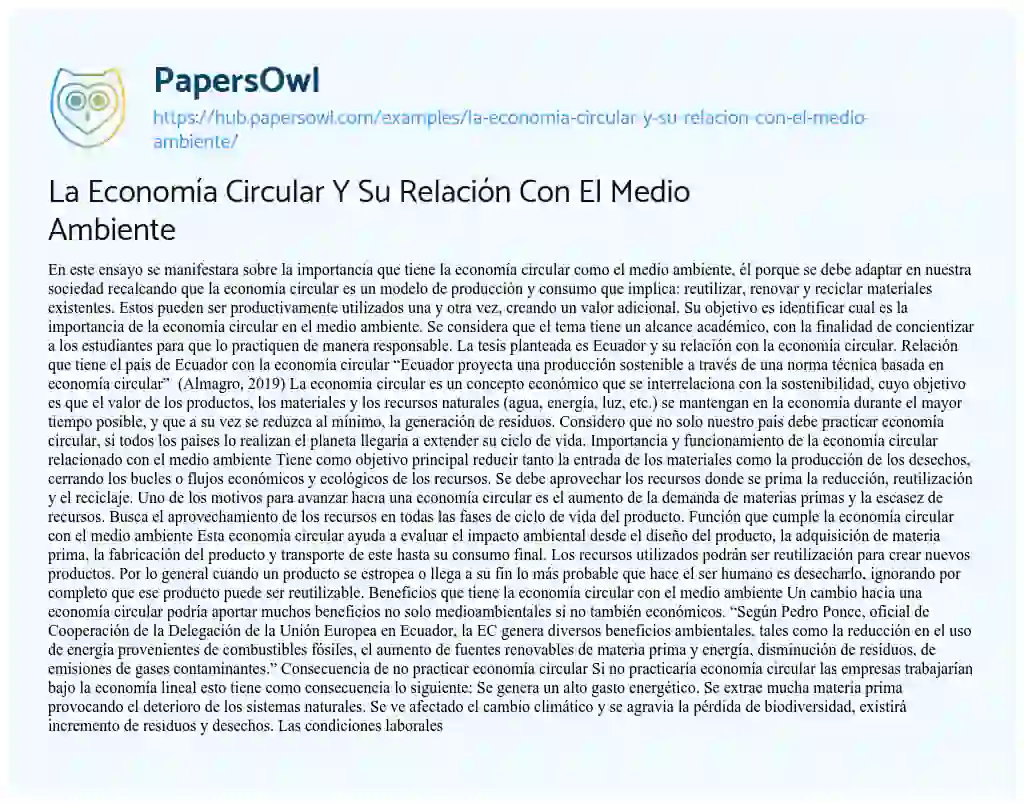 Essay on La Economía Circular Y Su Relación Con El Medio Ambiente