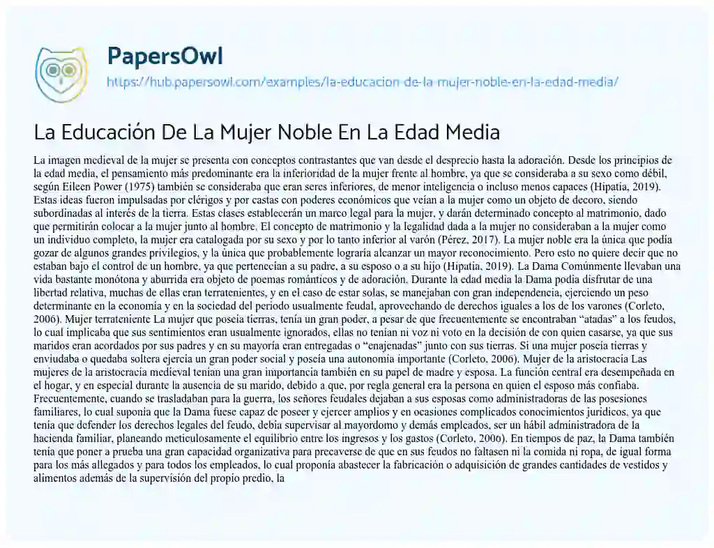 Essay on La Educación De La Mujer Noble En La Edad Media