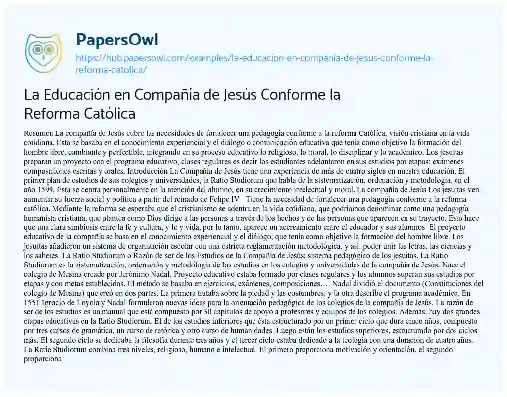 Essay on La Educación en Compañía de Jesús Conforme la Reforma Católica