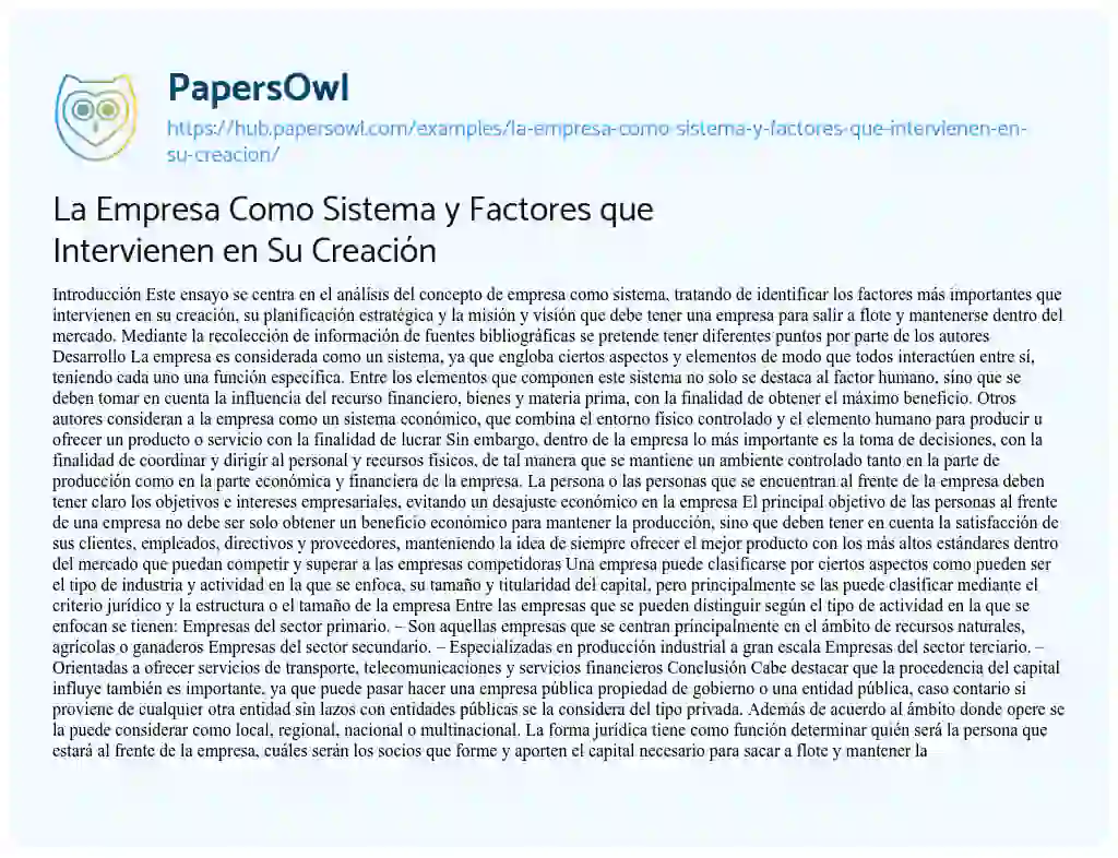 Essay on La Empresa Como Sistema y Factores que Intervienen en Su Creación