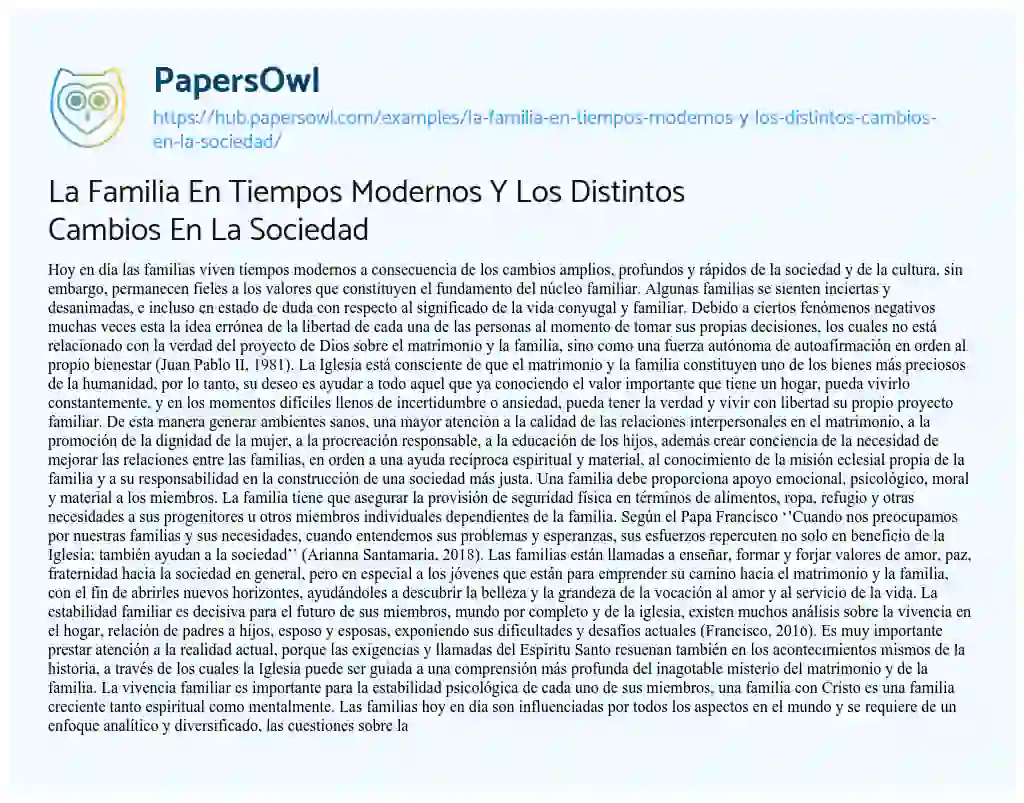 Essay on La Familia En Tiempos Modernos Y Los Distintos Cambios En La Sociedad