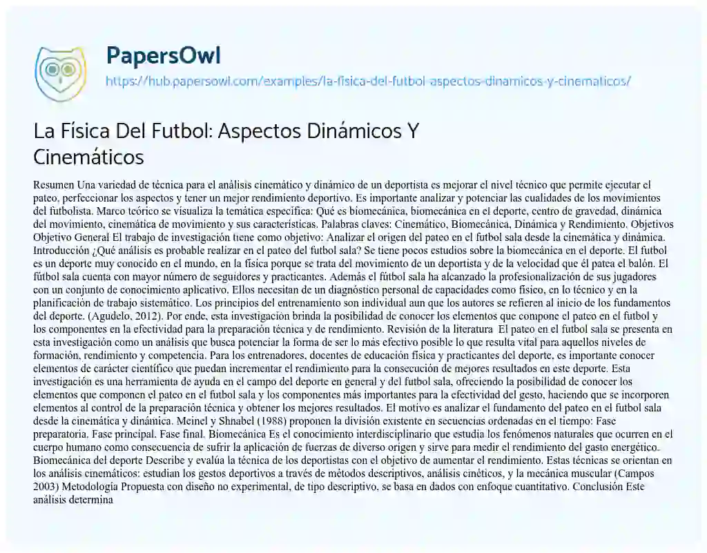 Essay on La Física Del Futbol: Aspectos Dinámicos Y Cinemáticos
