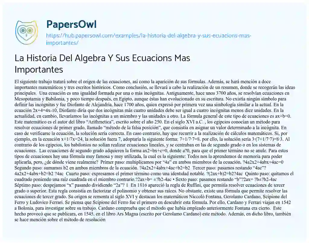 Essay on La Historia Del Algebra Y Sus Ecuacions Mas Importantes