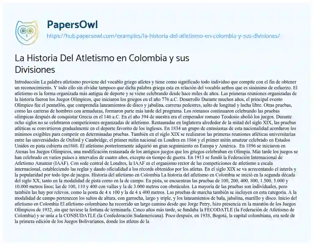 Essay on La Historia Del Atletismo en Colombia y sus Divisiones