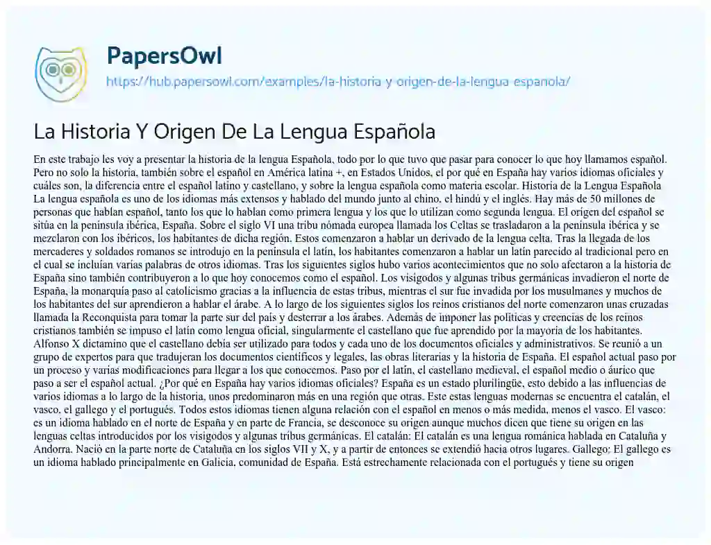 Essay on La Historia Y Origen De La Lengua Española
