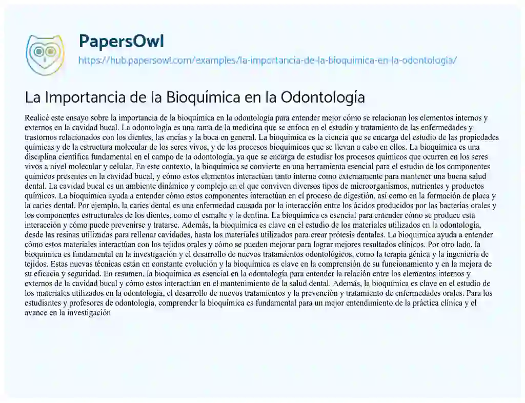 Essay on La Importancia de la Bioquímica en la Odontología