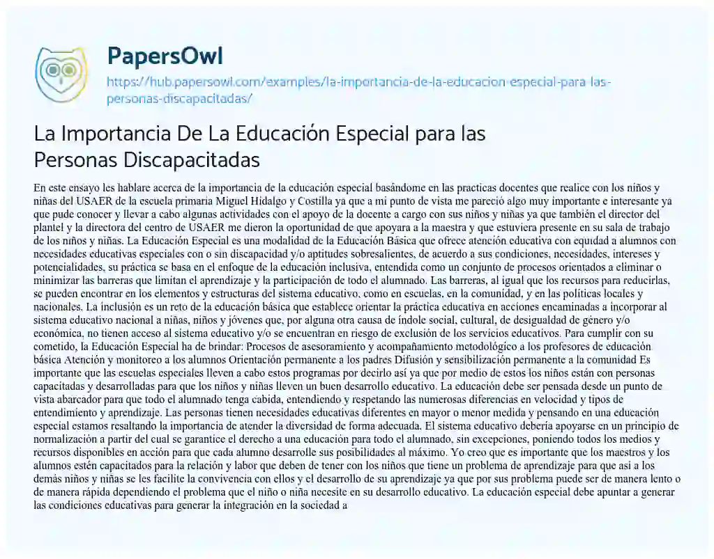 Essay on La Importancia De La Educación Especial para las Personas Discapacitadas