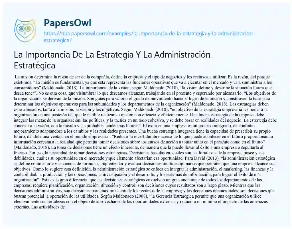 Essay on La Importancia De La Estrategia Y La Administración Estratégica