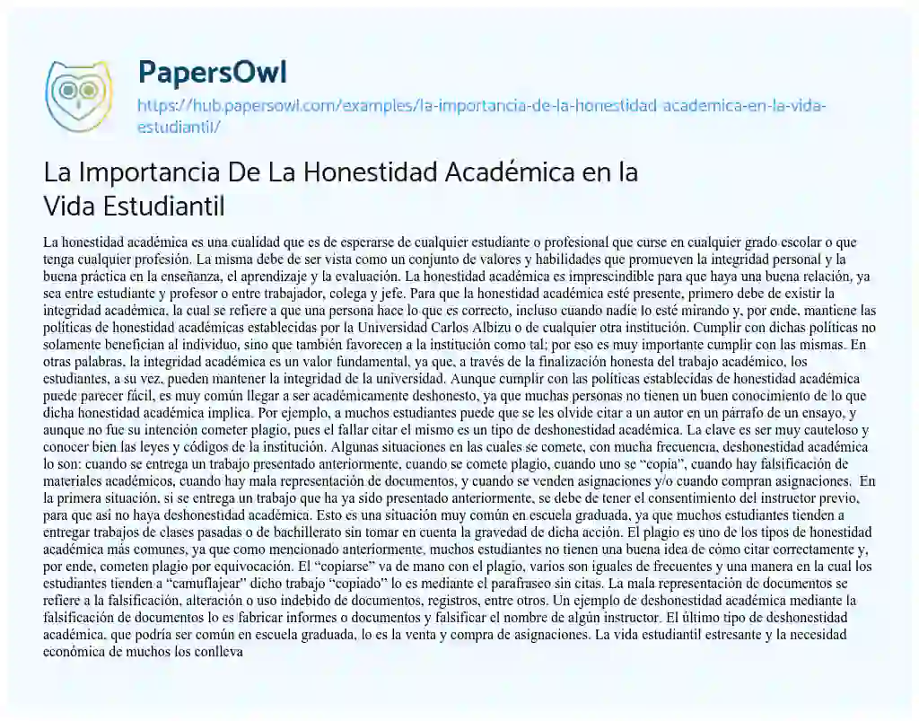 Essay on La Importancia De La Honestidad Académica en la Vida Estudiantil