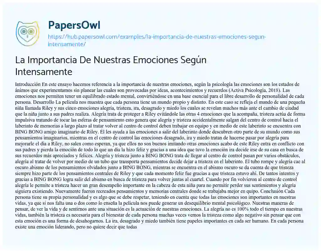 Essay on La Importancia De Nuestras Emociones Según Intensamente
