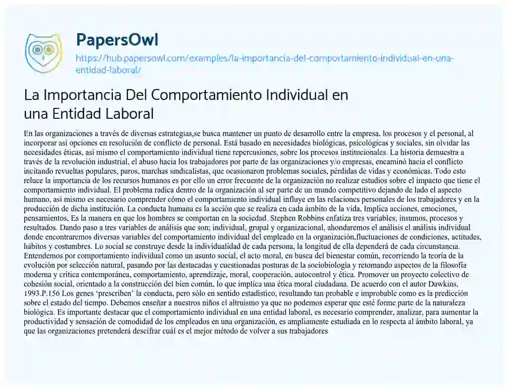 Essay on La Importancia Del Comportamiento Individual en una Entidad Laboral