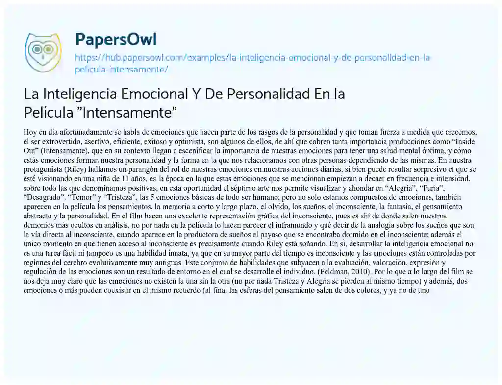 Essay on La Inteligencia Emocional Y De Personalidad En la Película “Intensamente”