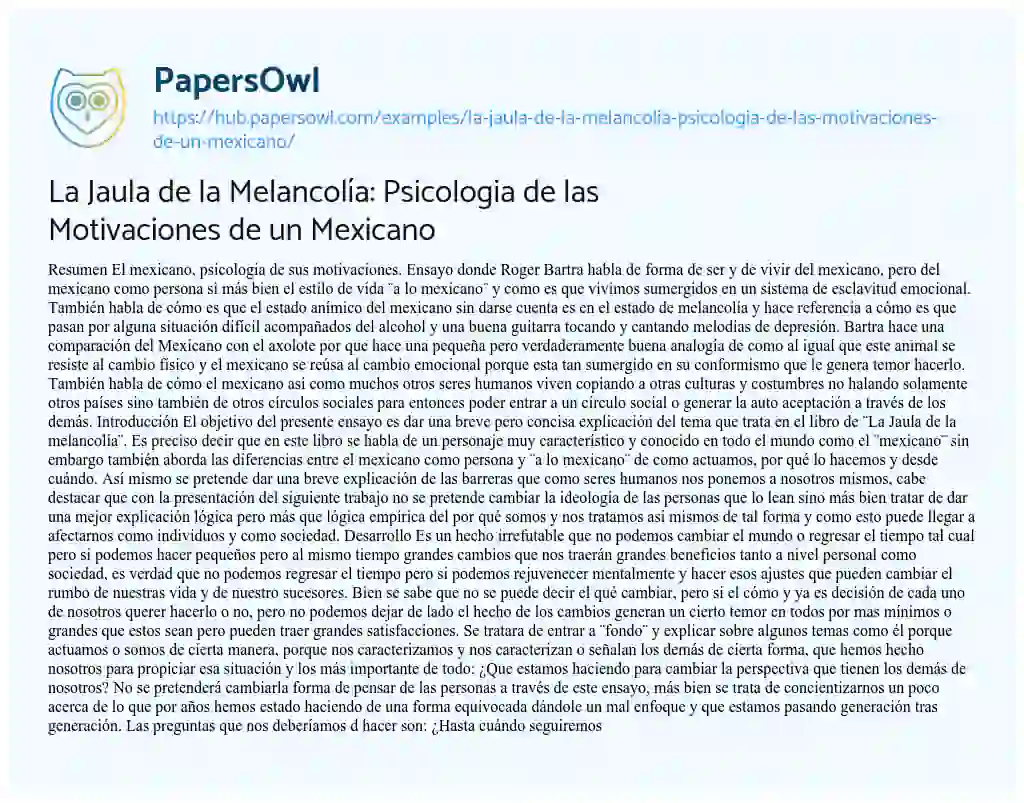 Essay on La Jaula de la Melancolía: Psicologia de las Motivaciones de un Mexicano