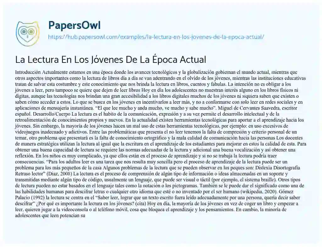 Essay on La Lectura En Los Jóvenes De La Época Actual