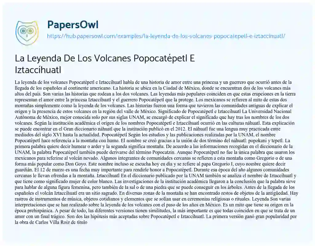 Essay on La Leyenda De Los Volcanes Popocatépetl E Iztaccíhuatl