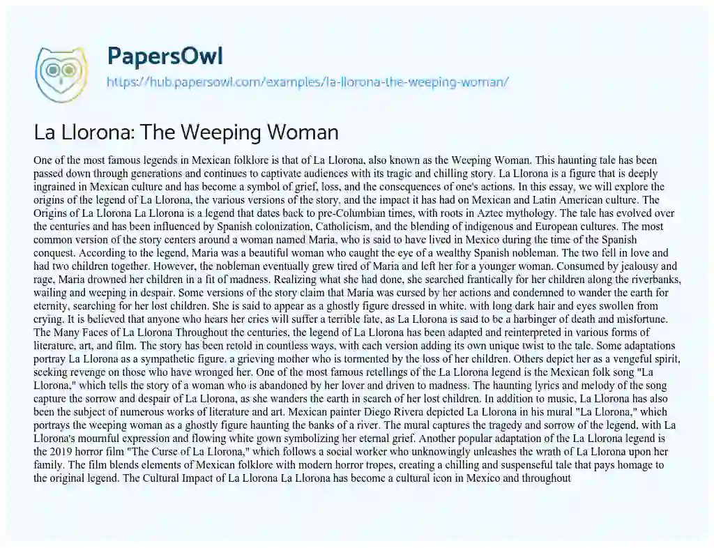 Essay on La Llorona: The Weeping Woman