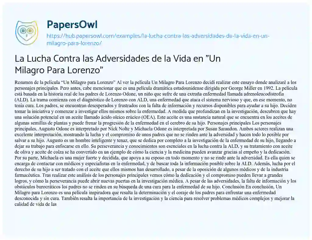 Essay on La Lucha Contra las Adversidades de la Vida en “Un Milagro Para Lorenzo”
