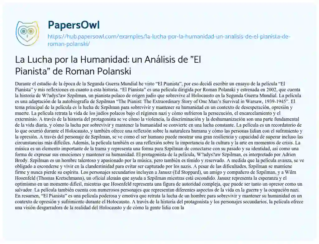 Essay on La Lucha por la Humanidad: un Análisis de “El Pianista” de Roman Polanski